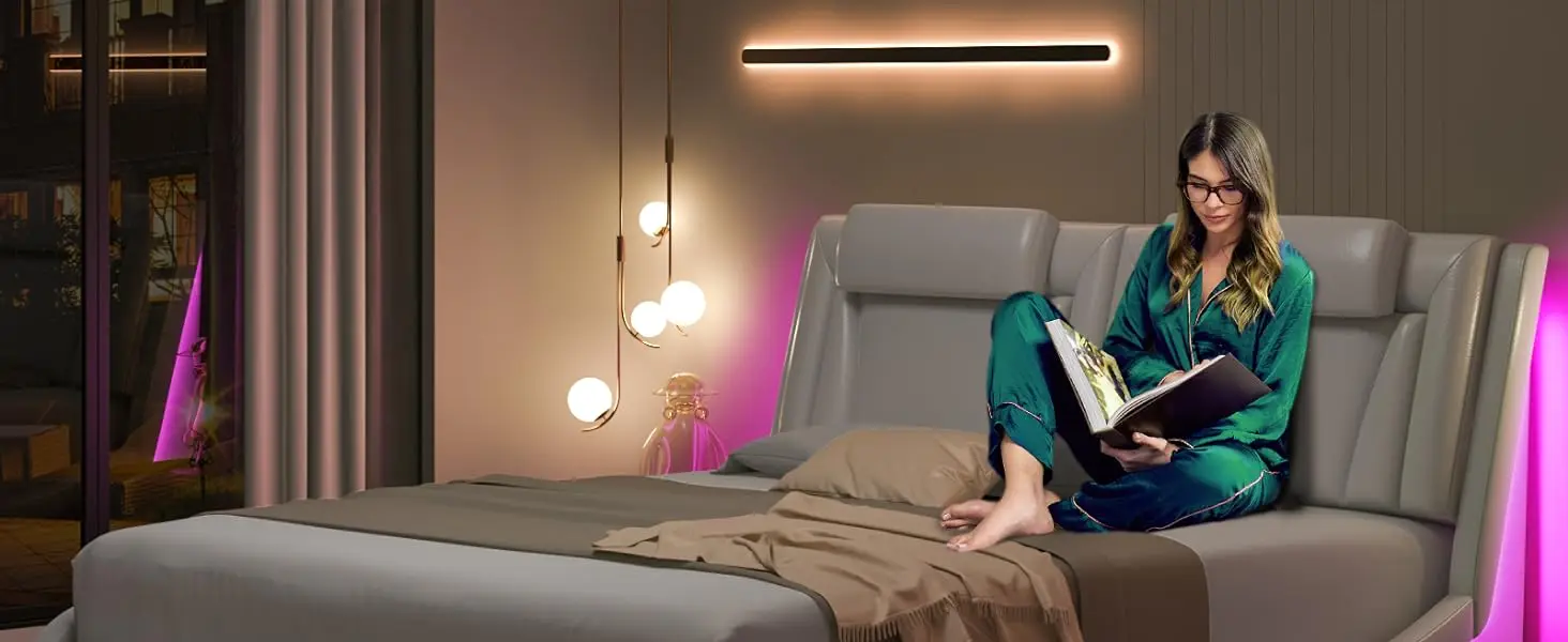 Description Picture 6 of itemUpholstered Platform Bed Frame with Adjustable LED Headboard, and Solid Wooden Slats Support, No Box Spring Needed,Queen