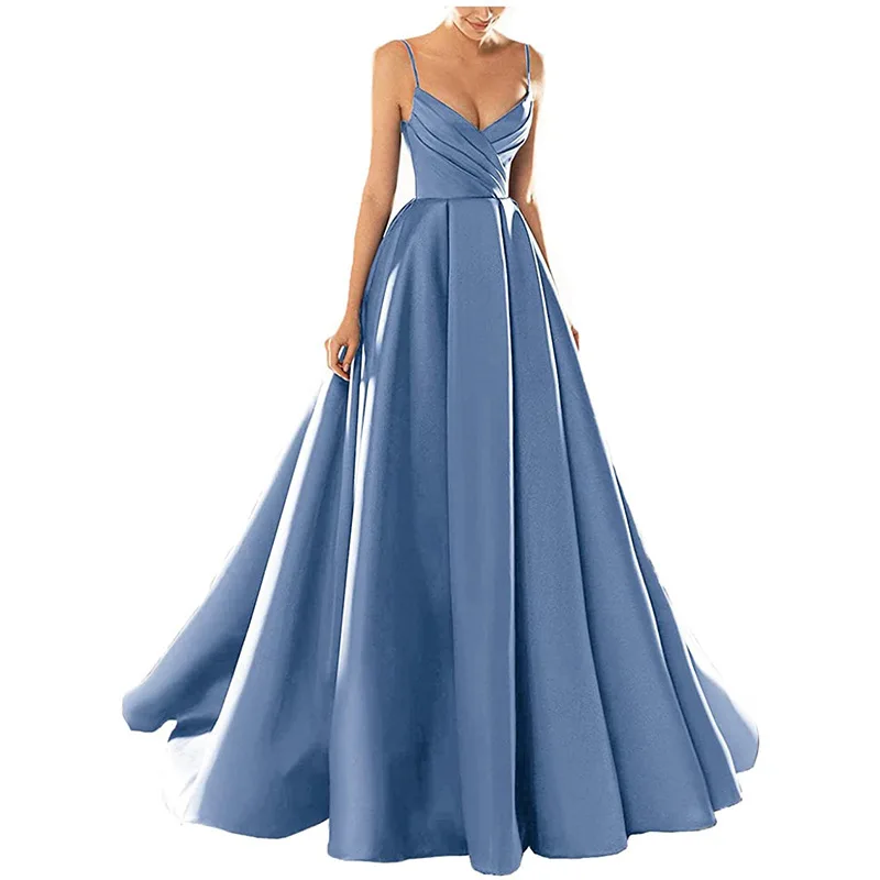 A Line Satin Spaghetti Pleat V Neck Evening Bridesmaid Dresses Wedding Party Formal Prom Birthday Floor Length Lace Up Back