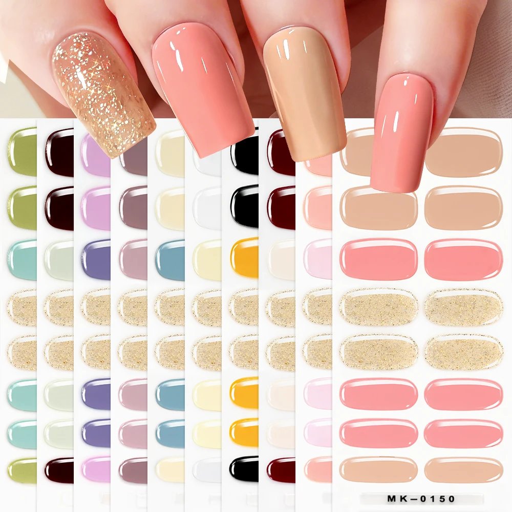 16Tips Solid Color & Glitter Semi Cured Gel Nail Strips Self-Adhesive Baking Free Elegant Gel Nail Sticker Full Coverage Decals