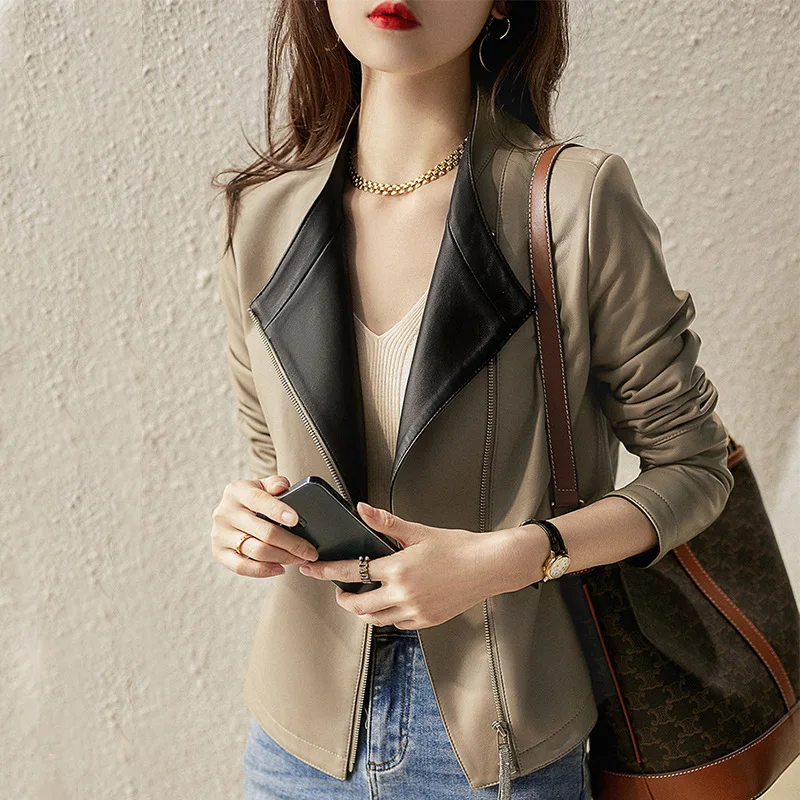 

Early spring contrasting color placket lightly coated with sheepskin, slim fitting and fashionable motorcycle leather jacket, wo