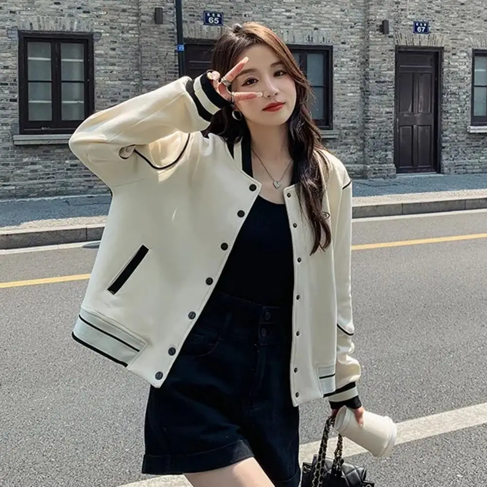 

Women Coats Hip Hop Color Matching Long Sleeve Stand Collar Pockets Single-breasted Baseball Jackets chaquetas para mujeres