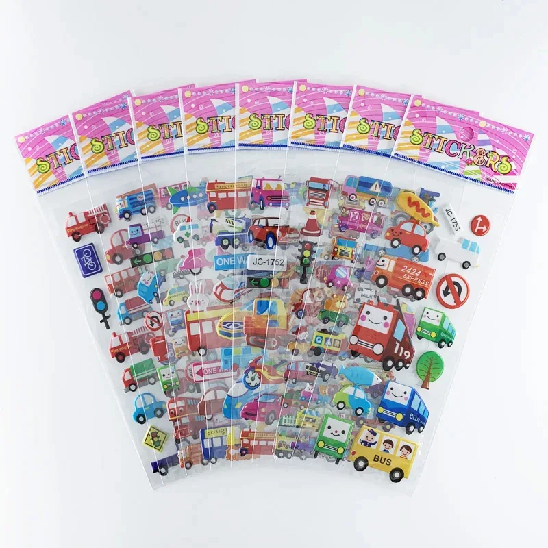 8 Sheets/Set Car Bus Transportation Vehicle Cognition Sticker Children Cute 3D Learning Stickers DIY Toy for Boys Gift