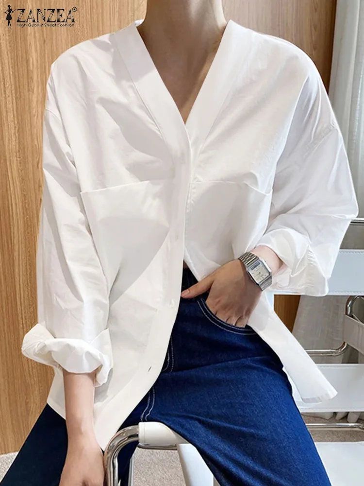 

Рубашка ZANZEA женская с V-образным вырезом, модная однотонная Повседневная Свободная блузка с длинным рукавом, винтажный офисный Топ на пуговицах, лето 2024