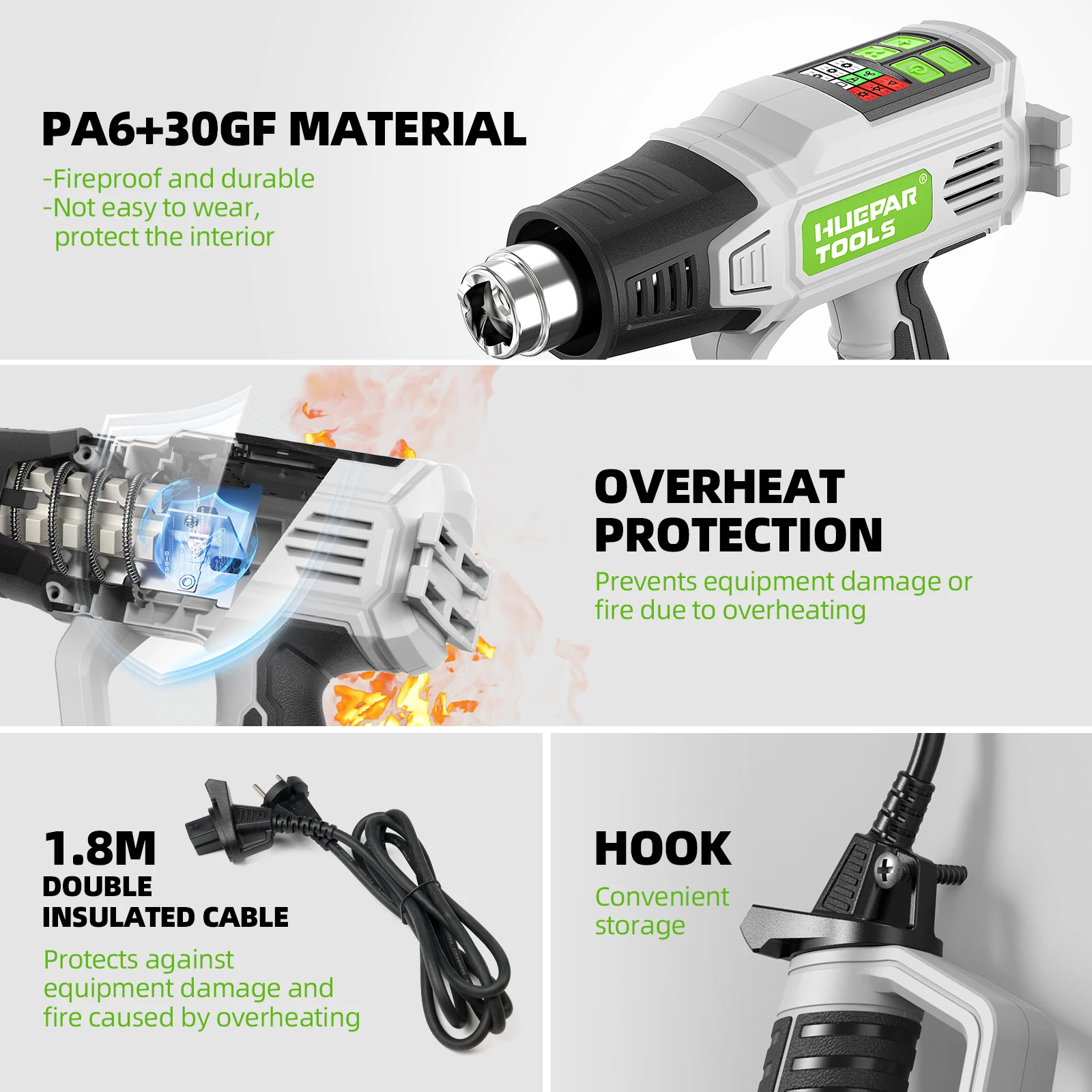 Hot Air Gun with LCD 12 Variable Temperatures Adjustable 120℉- 1110℉ Heat Gun 1500W/2000W High Power with 5 Accessories 5