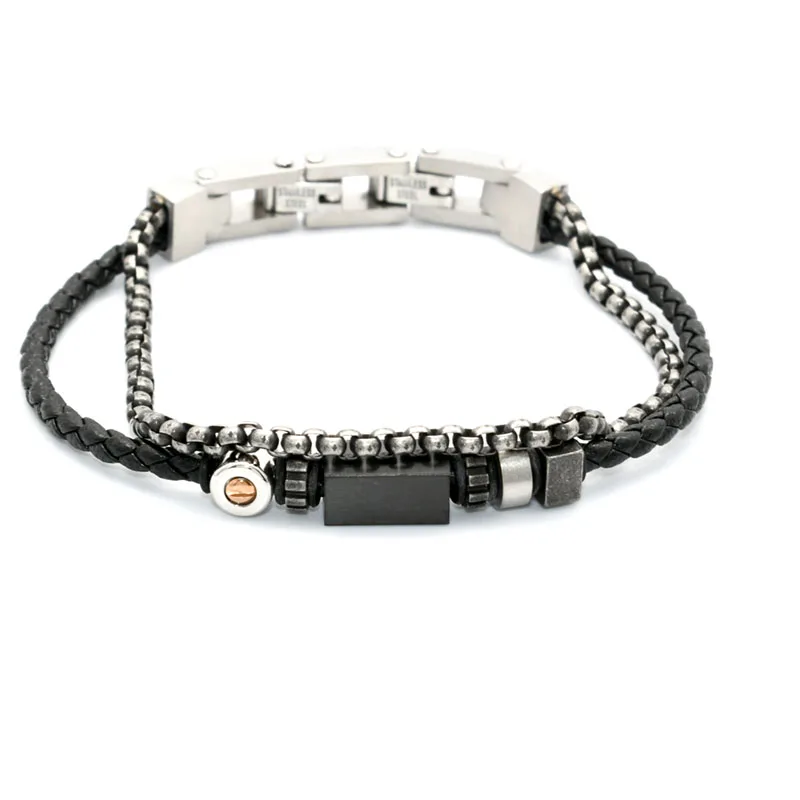 

Механические Ретро панк мужские из нержавеющей стали черный плетеный из натуральной кожи двухслойный регулируемый браслет для мужчин