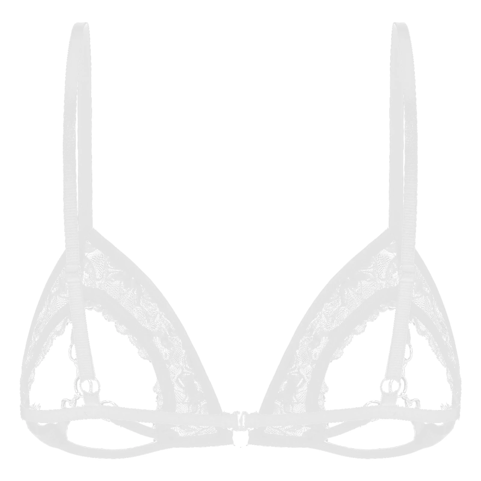 Womens See Through Sheer Lace Lingerie Adjustable Spaghetti Shoulder Straps Open Cups Bra Top with Metal Rings Linked at Bust