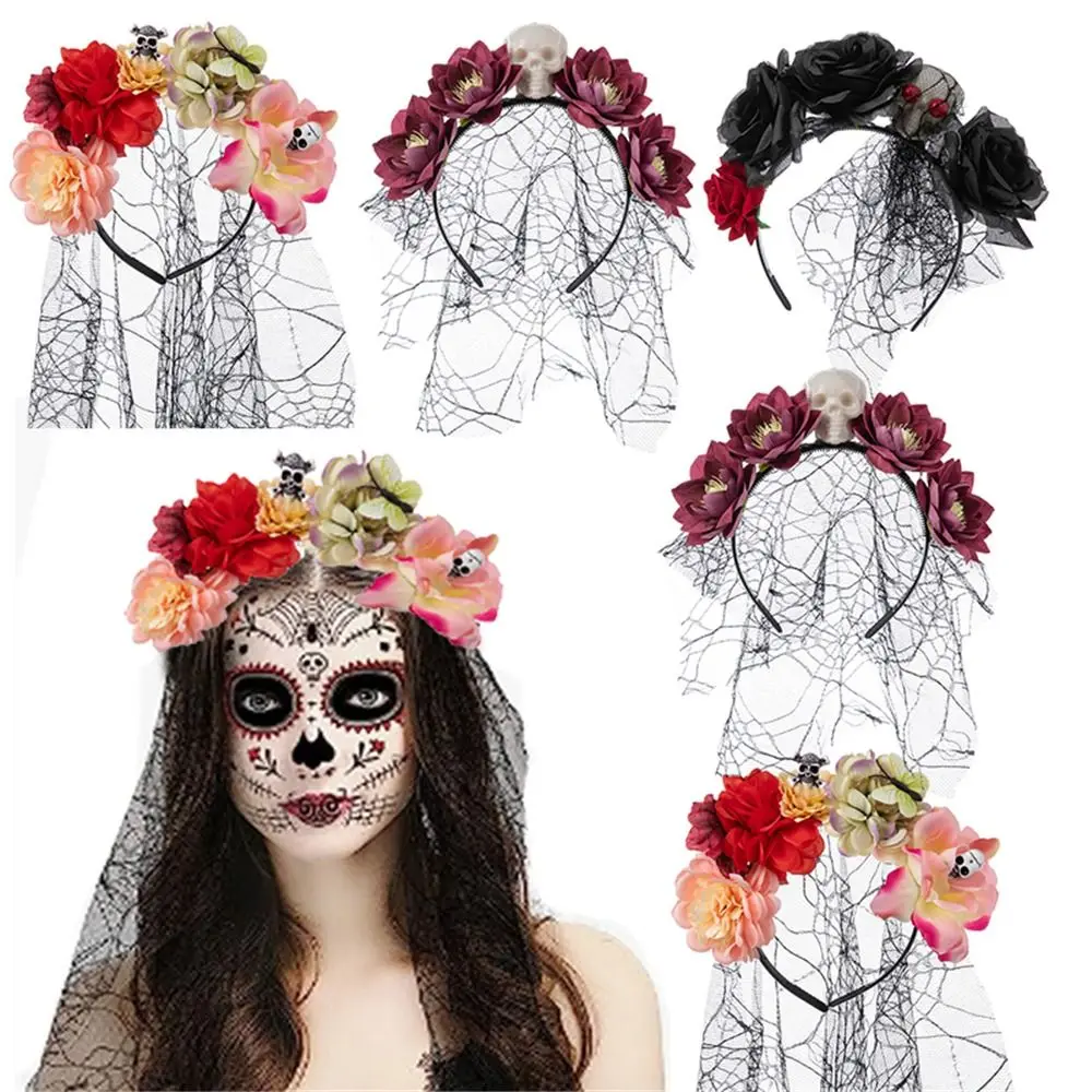 1pc Rose Flower Headband Mexican Rose Flower Crown Headband Headpiece with Black Veil Halloween Party Costume Cosplay Headwear