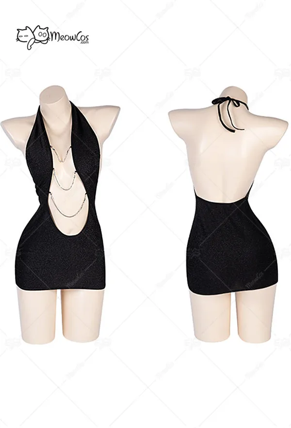 

Sexy Lingerie Flirty Dress Deep V Halter Chain Decorated Shining Package Hip Dress with Thong for Fun