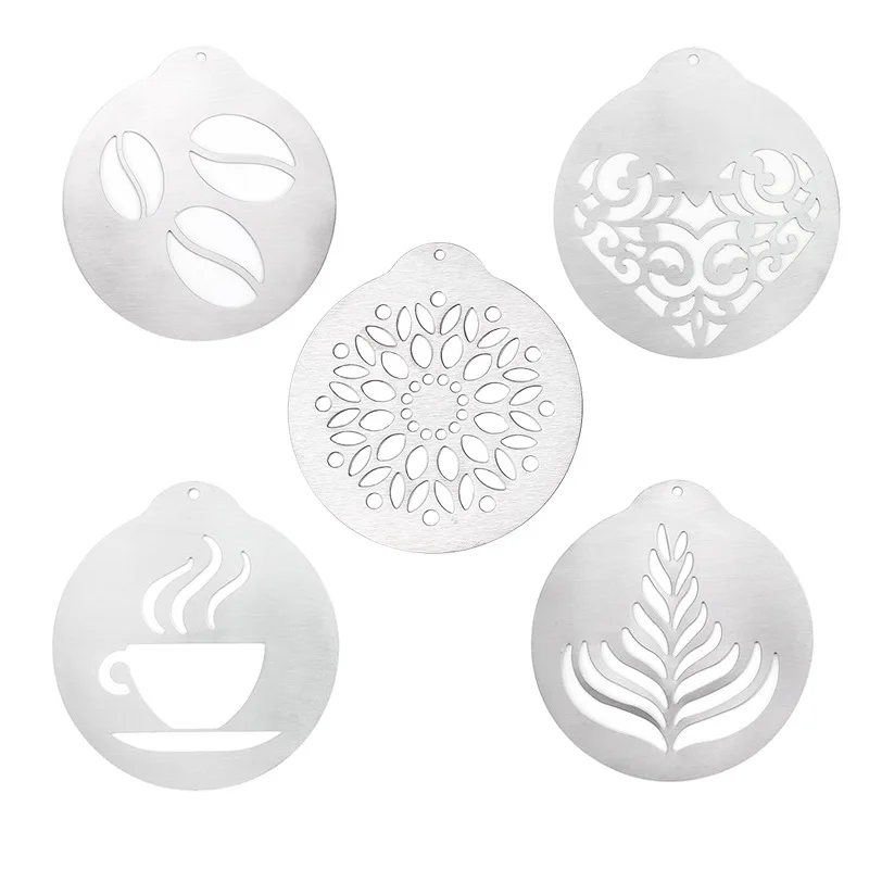 5Pcs Coffee Stencils, Stainless Steel Printing with Cute Templates, Barista Cappuccino Arts Garland Mould Cake DIY Decor Tool