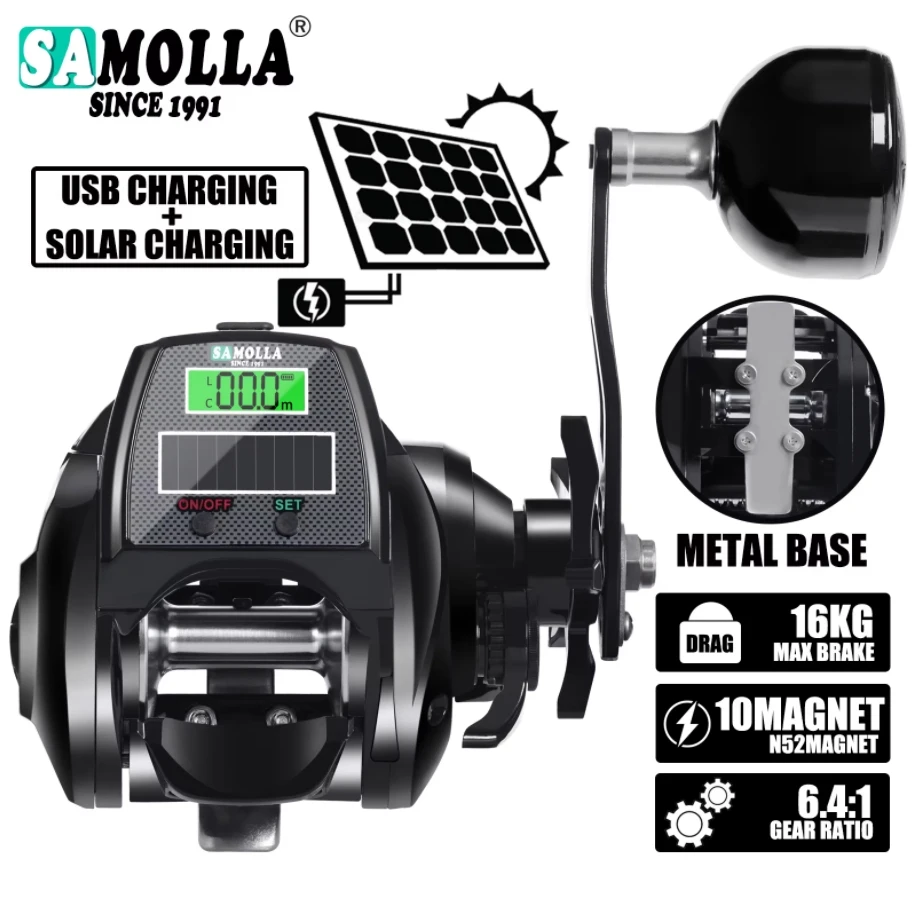SAMOLLA Große elektronische Angelrolle, wasserdichte Baitcasting-Rolle zum Tiefsee-Eisfischen, Welsangeln, Solar + USB-Aufladung – Detail 1