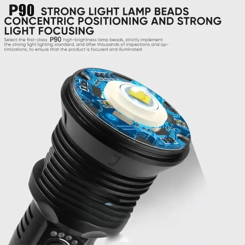 충전식 USB 토치 라이트, 강력한 전술 플래시 라이트, 줌 사냥 랜턴, 방수 핸드 램프, 실제 Xhp90 LED 손전등