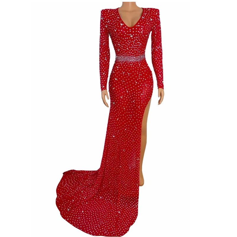 

Rhinestone Sexy Shining Long Train Dress Dance Prom Outfit Birthday Shiny Costume