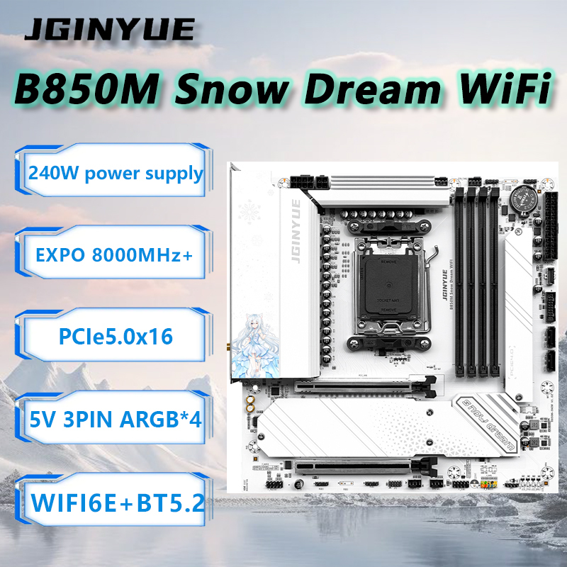 JGINYUE B850M Snow Dream WiFi AM5 Motherboard M-ATX For AMD Ryzen 9000series 7800X3D/98000X3D Desktop DDR5 RAM PCIe5.0x16