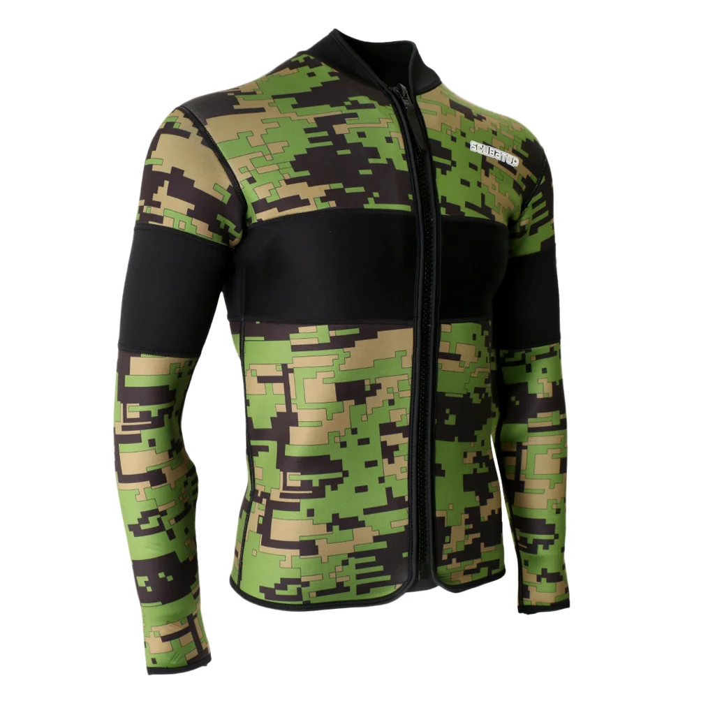 2.5mm Neoprene Green Camo Scuba Diving Wetsuit Top Snorkeling Surfing Winter Swimming Kayak Jetski Warm Thermal Jacket S-XXL