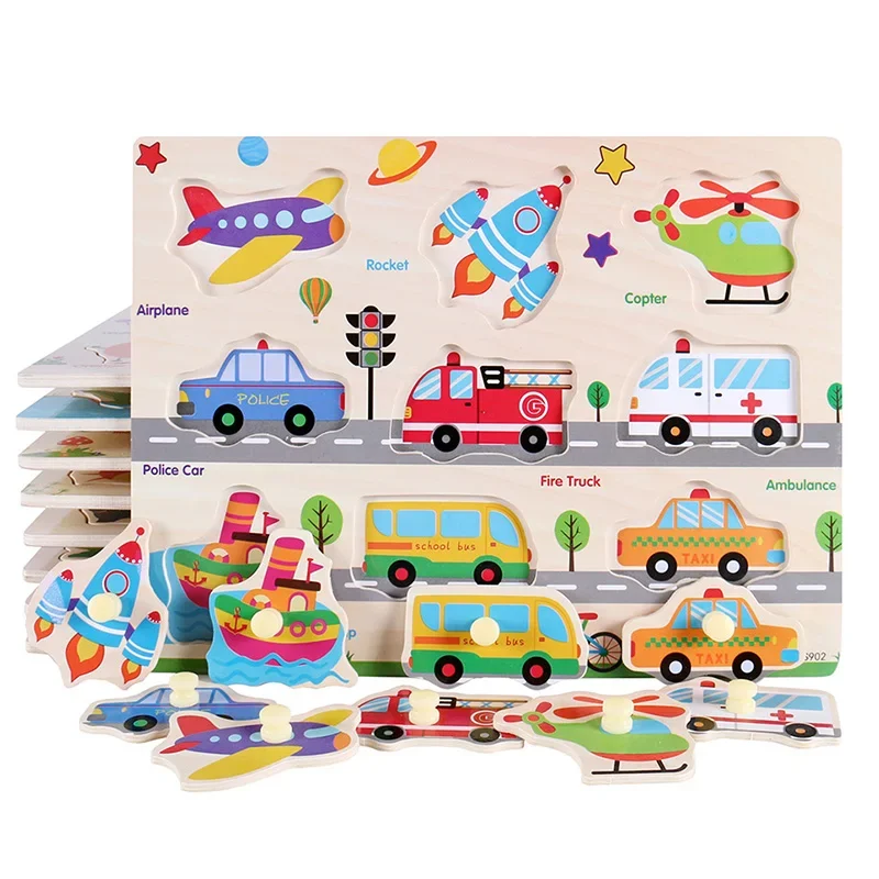 Kids Montessori Educational Toys for Children Hand Grasp Board Wooden Jigsaw Puzzle Animal Cognitive Puzzles Games 2