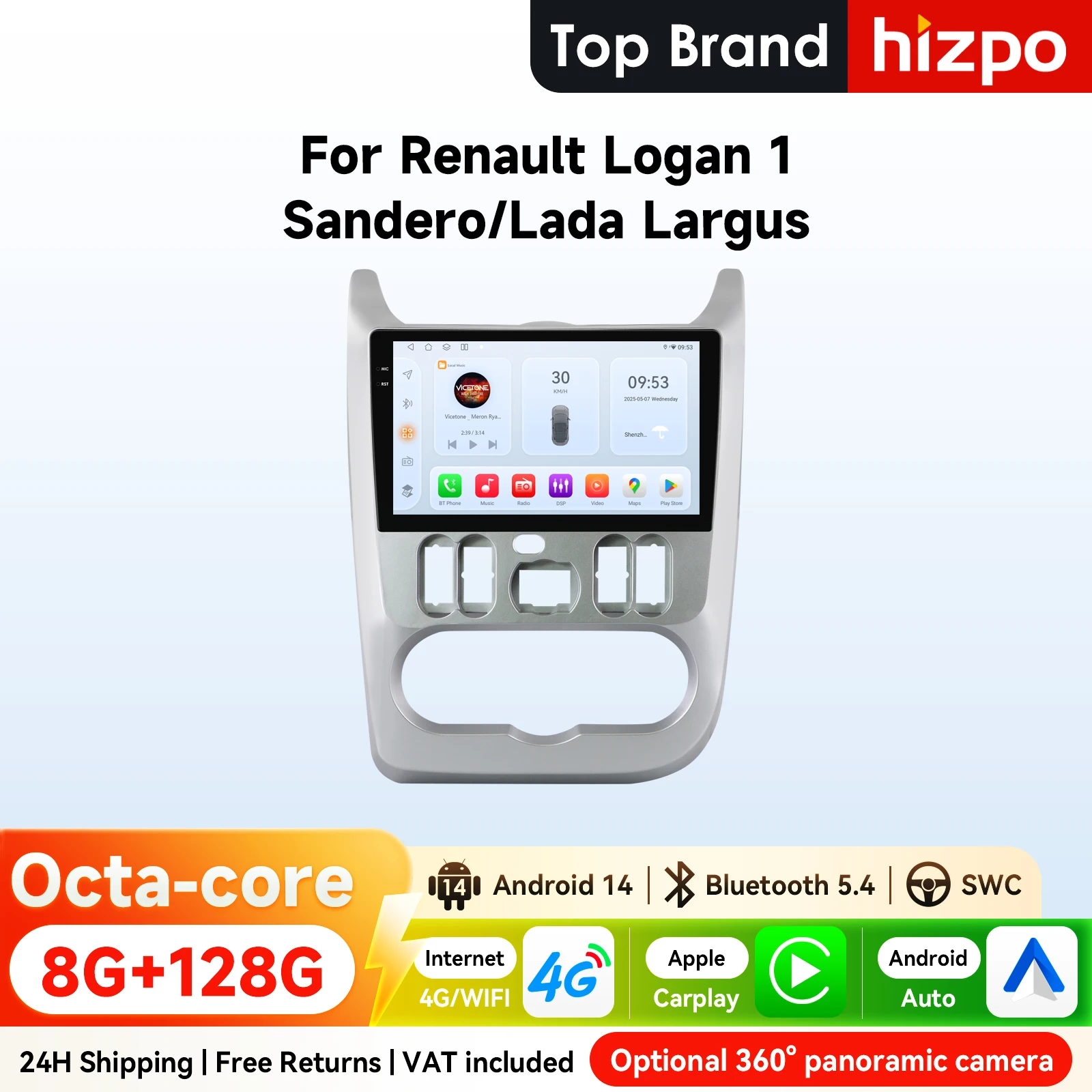 9-calowe radio samochodowe Hizpo 2Din z Androidem 14 do Renault Logan Sandero Lada Largus 4G BT Auto CarPlay RDS DSP BT Snapdragon 6115 360 ° CAM