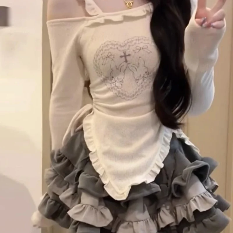 Large Size Spicy Girl Style Y2K Spring/summer Outfit Set with Beige Top and Ultra Heavy Industrial Cake Skirt Two-piece Set