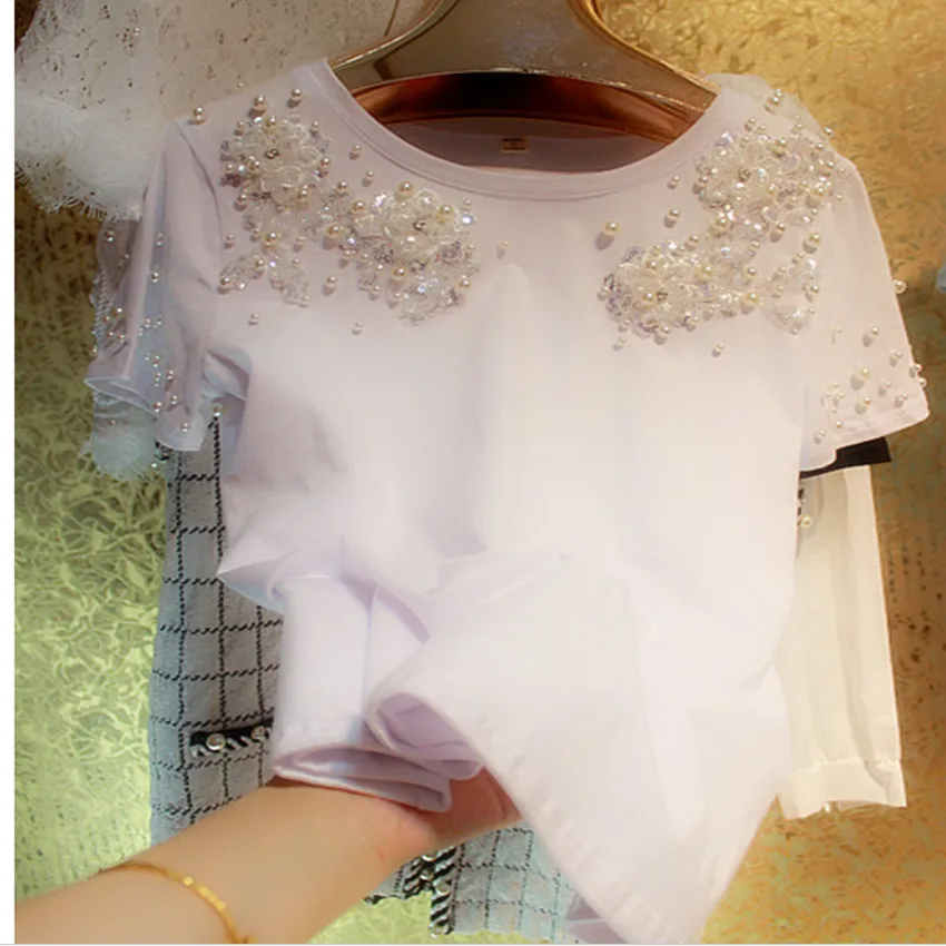 

7XL!Heavy Industry Beaded TOP Tees Women O-neck Three-dimensional Flower Cotton T-shirt