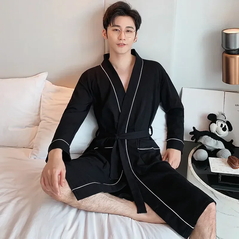 

3XL Robe Male Gray Bathrobe Plus Gown Sleepwear Spring V-neck Nightwear Cotton Comfy Men Autumn Casual Size
