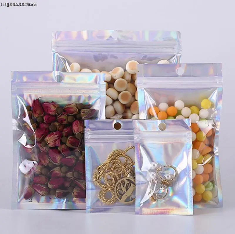 NIKUY 100 Pack Holografische Verpakking Hersluitbare Zakken voor Kleine Bedrijven -4 x 6 Inch Pouch Bags voor Lipgloss Sieraden Koekjes Sample - Wit