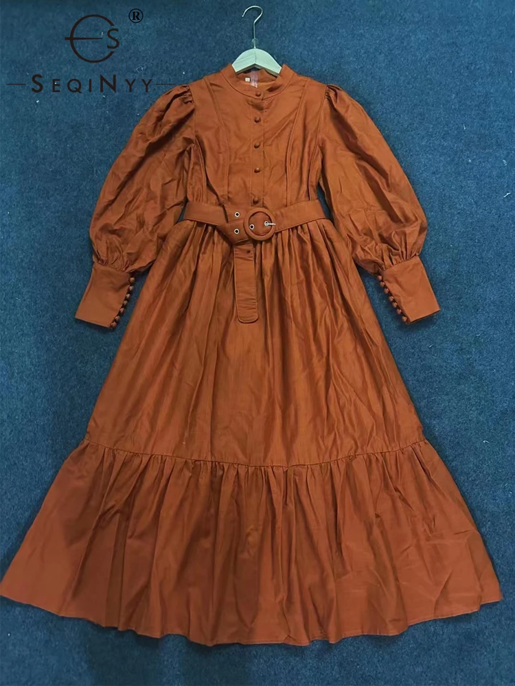 

SEQINYY Brown Linen Blending Dress Summer Spring New Fashion Design Women Runway High Street Vintage Lantern Sleeve Belt Casual