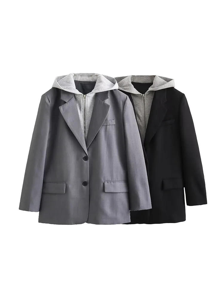 

Women 2023 Winter New Fashion Single Breasted Hooded Splicing Blazer Coat Vintage Long Sleeve Pockets Female Chic Tops
