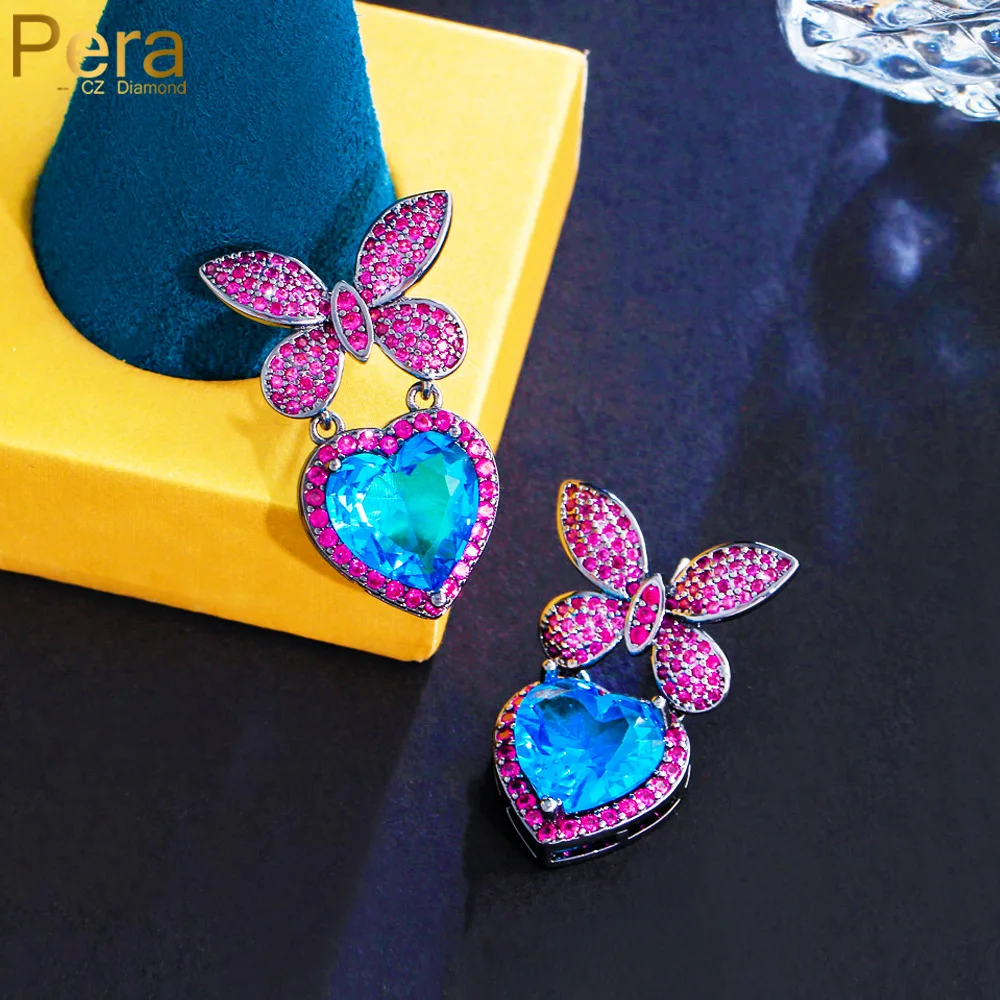 Pera Retro Hot Pink Flower Butterfly Full Cz Pave Light Blue Heart Charm Orecchino A Goccia Per Le Donne Regalo Di Gioielli Per Feste Romantiche E447