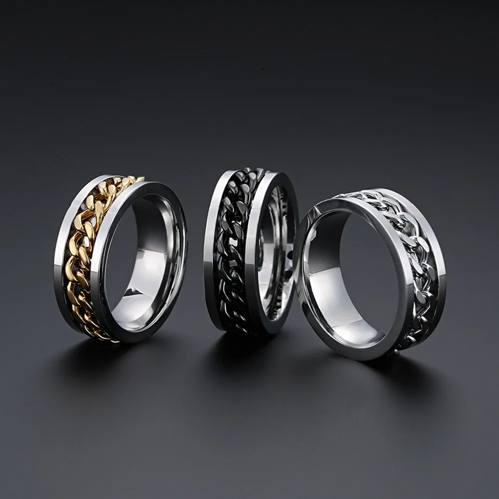 Finger Ring Stainless Steel Ring Couples Rings Chain Ring Fidget Spinner Ring Stainless Steel Rotatable Couple Ring Spinner Chain Rotable Rings for Women Man Punk Jewelry Party Gift