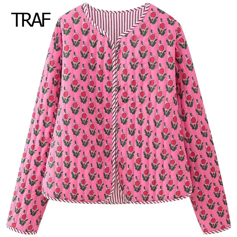 

TRAF Print Cropped Coat Women's Quilted Jacket Winter Long Sleeve Padded Jacket New In Outerwears Winter Coat Women Very Warm