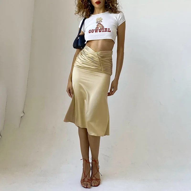

2023 Women New Ruched Solid High Waist ApricotSkirt Ruffles Straight Skirt Women Spring New Elegant Streetwear Party Outfits