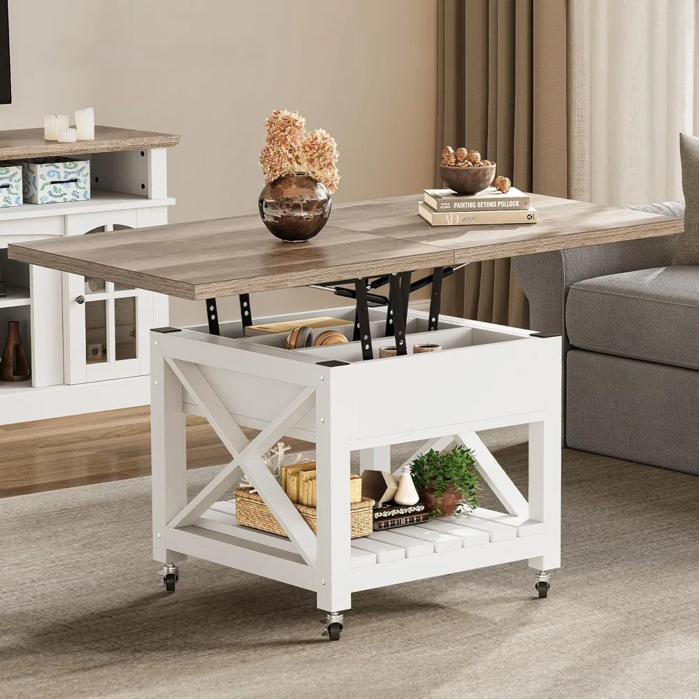 Lift Top Coffee Table with Wheels Farmhouse Square Center Table with Storage Compartment Rolling Coffee Table 3