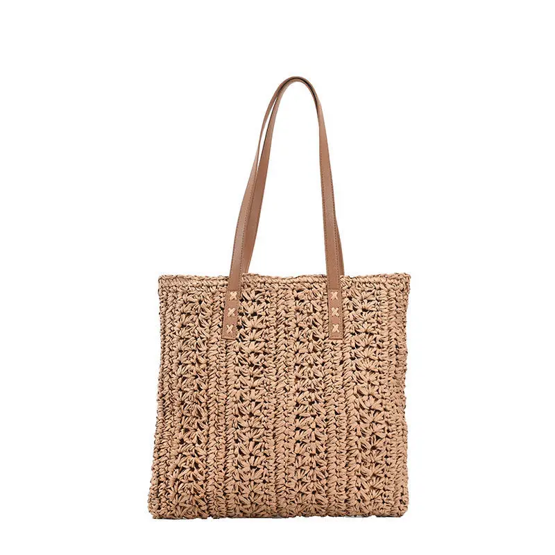 thumbnail image 1 of Bolso de hombro de paja ahuecado de malla vintage, bolso de mujer portátil de playa simple y versátil de gran capacidad con literatura y arte, 1 of 5