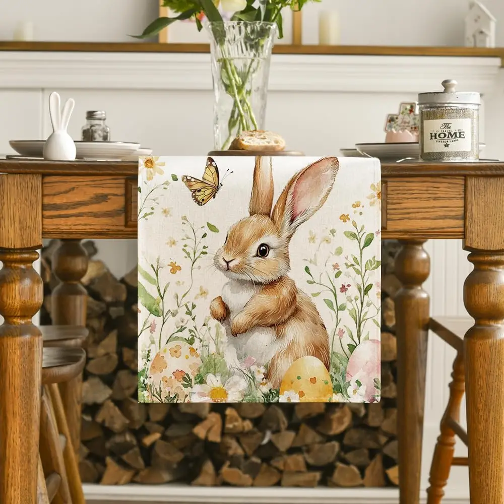 Easter Bunny Butterfly Eggs Flowers Linen Table Runner Holiday Party Decor Spring Kitchen Dining Table Runner Easter Decorations 2