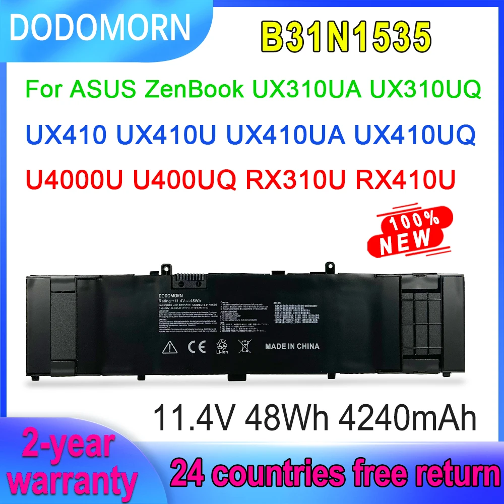 

DODOMORN B31N1535 Battery For ASUS ZenBook UX310UA UX310UQ UX410 UX410UA UX410UQ U4000U RX310U 3ICP7/60/80 11.4V 48Wh In Stock