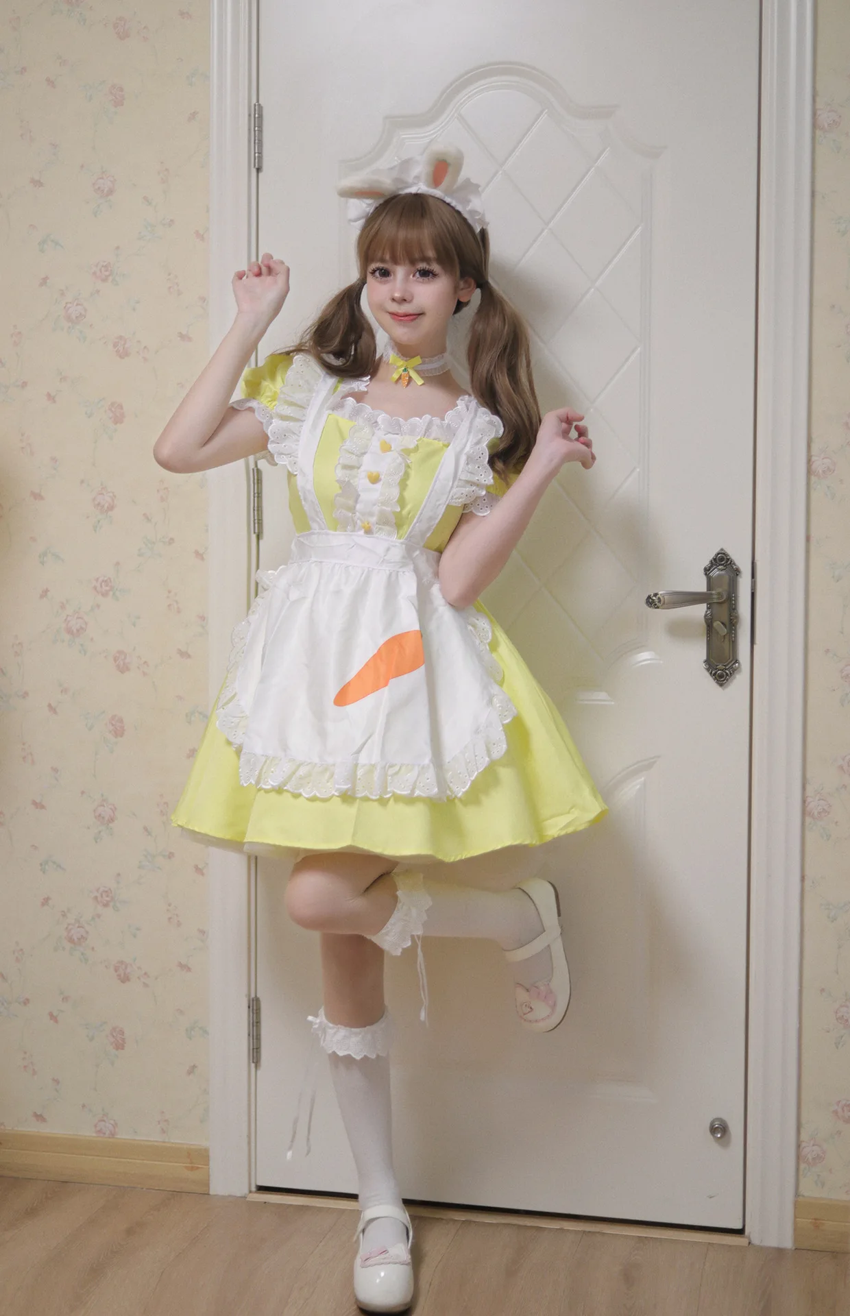 Cosplay Maid Kleid Gelb mit Schürze Anime Lolita Kostüm Damen 7