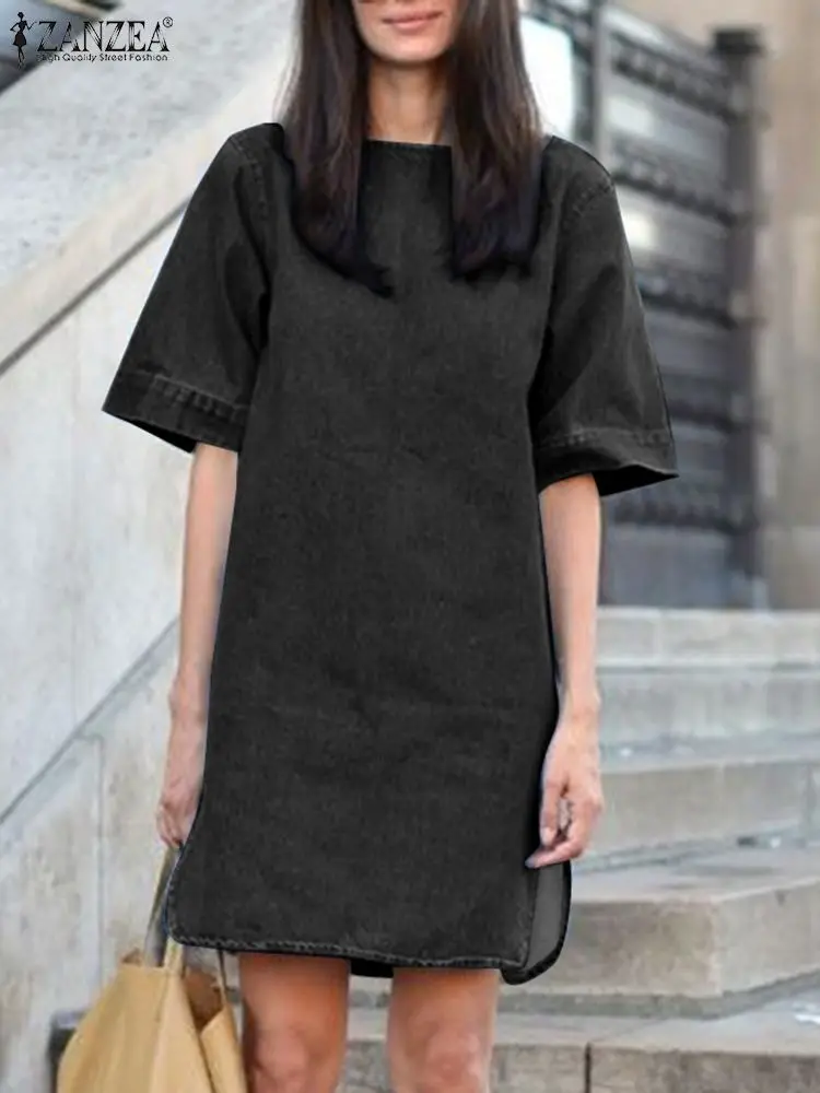 

Модное корейское платье ZANZEA, женские джинсовые короткие платья, простой летний однотонный Мини Сарафан с коротким рукавом и круглым вырезом, 2024