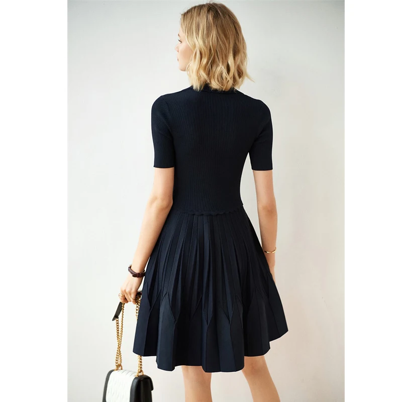 IOO Navy Women V-neck Pleated Skirt Slim Fit Knitted Mini Dress French Pairs Brand High Quality Brand S
