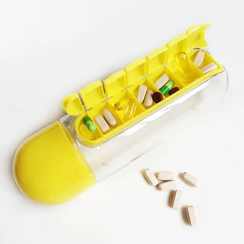Weekly Pill Box Organizer with 600ml Water Bottle 7-Day Portable Pill Vitamins Holder Case 2 in 1
