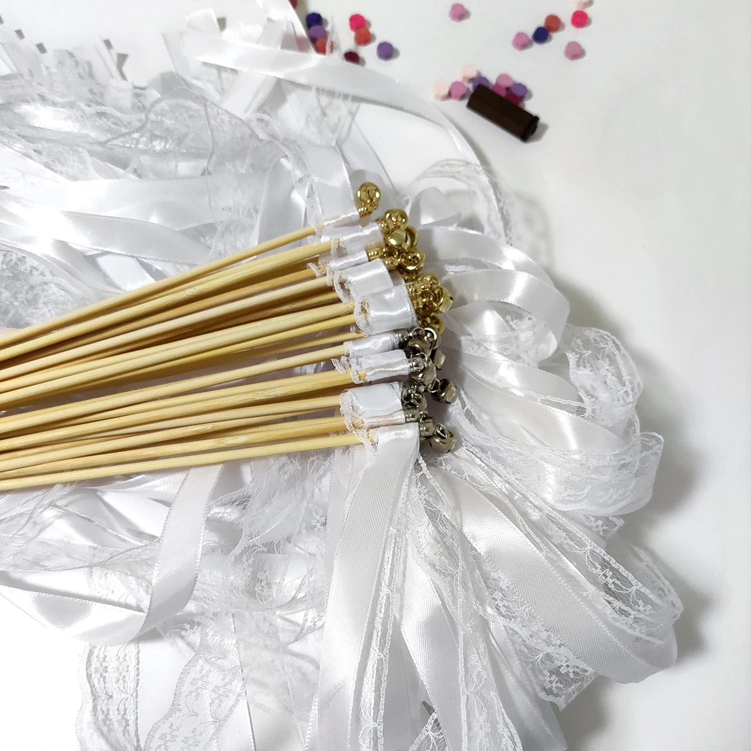 Elegant Wedding Ribbon Wands with Lace Streamers and Bells - Perfect for Celebrations and Decor