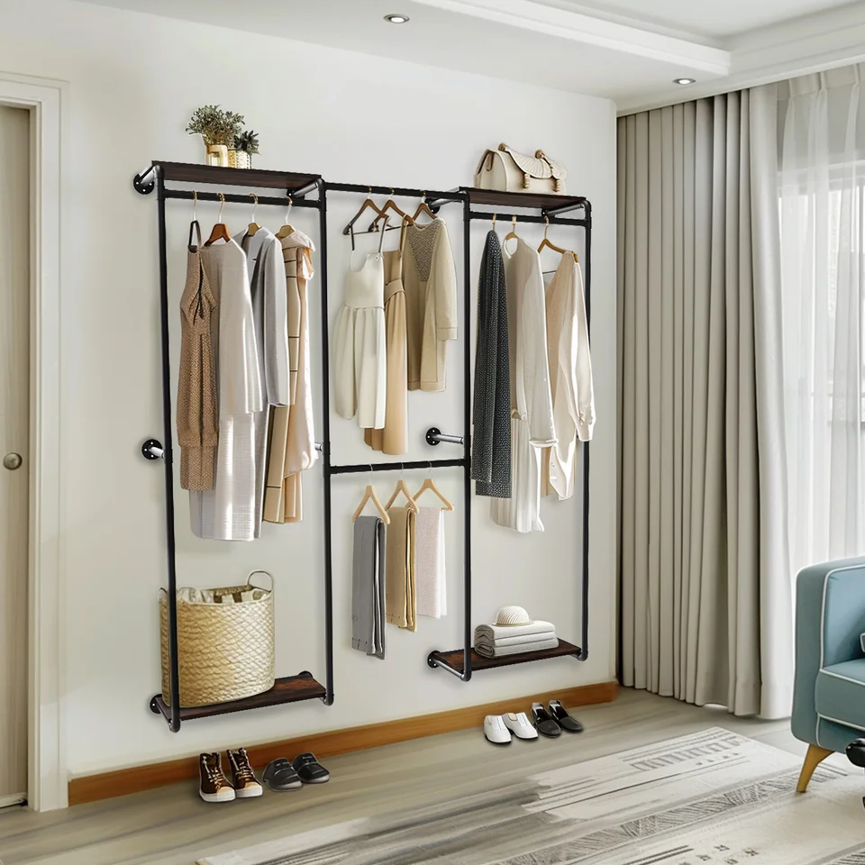 Industrial Wall Mounted Clothes Rack with Shelves