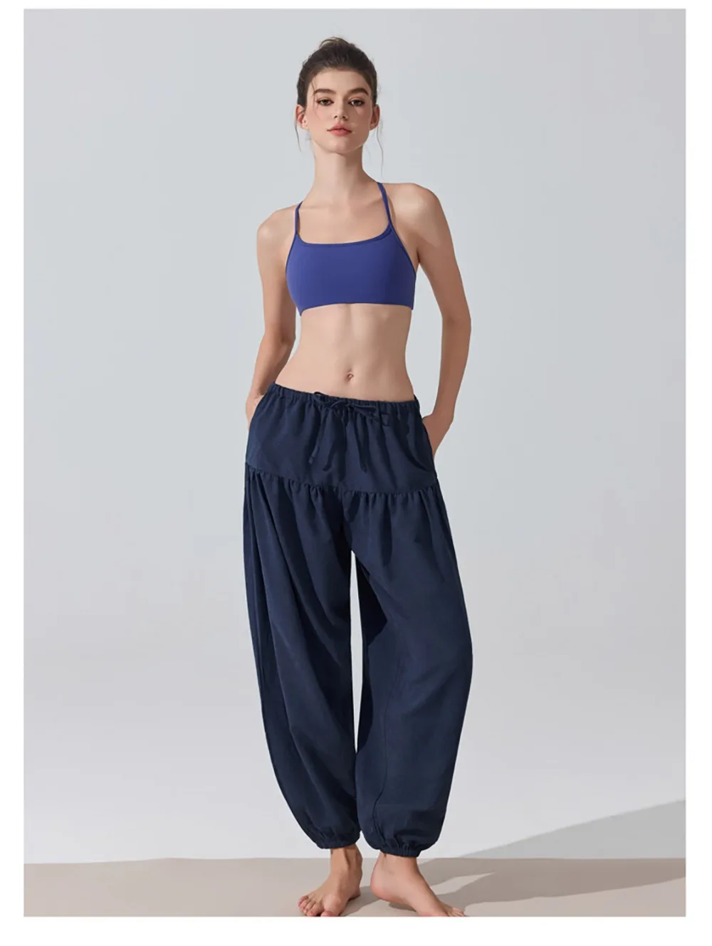 Model wearing lantern yoga pants in various poses