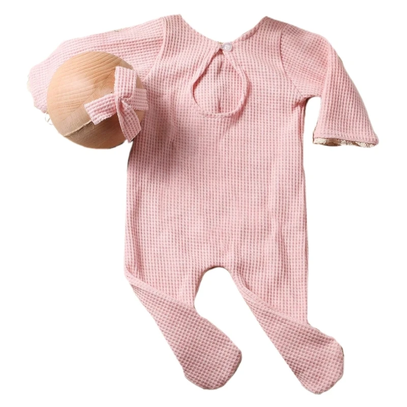 

Knit Baby Romper Bowtie Hairband Photography Posing Outfit Newborn Shower Gift