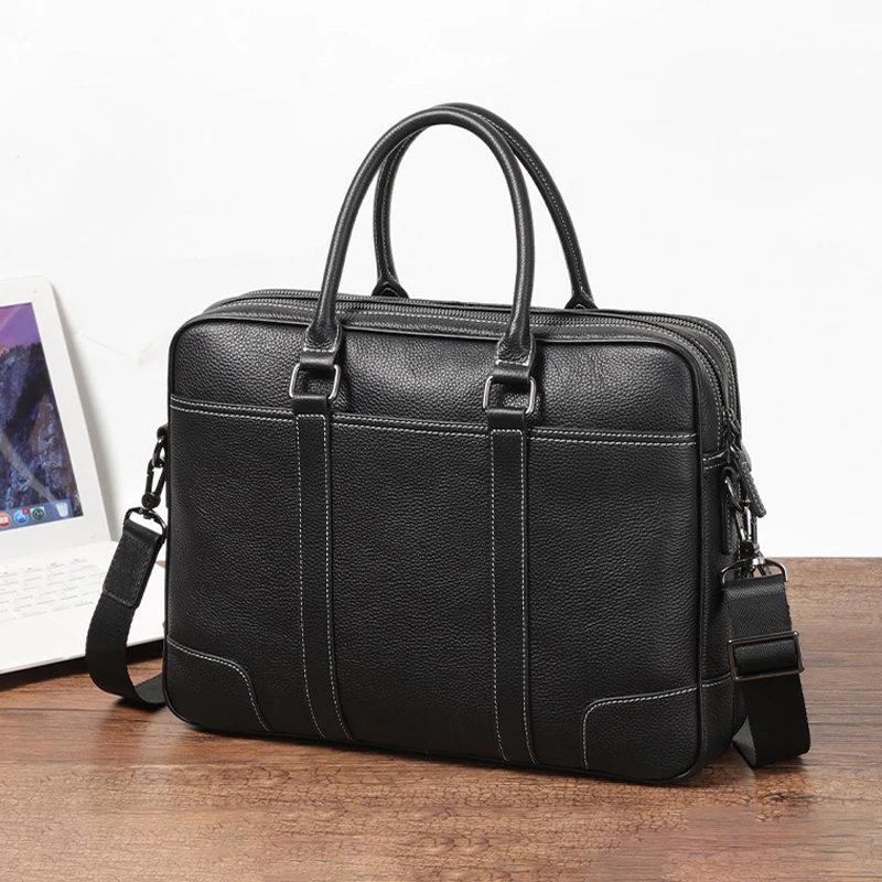 

AETOO Double zipper briefcase leather men's bag 14 "computer bag large capacity men's portable baotou layer cowhide single shou