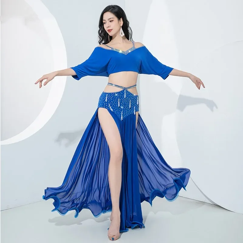 

Rhinestone Belly Dance Costume Women 2 Piece Sexy Fishtail Skirt Sexy Side Split Adults V Neck Top Long Sleeve Sparkle Oriental