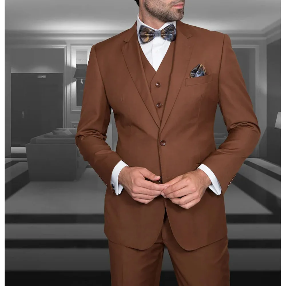 

Brown Slim Fit High Quality Men Suit Notch Lapel Single Breasted Formal Occasion Business Office 3 Piece Jacket Pants Vest Terno