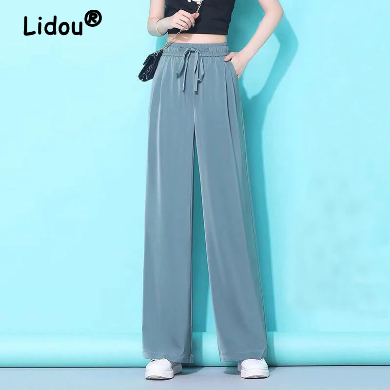 

Korean Fashion Simple Ice Silk Breathable Straight Wide Leg Trousers 2023 Summer High Waist Casual Streetwear Solid Loose Pants