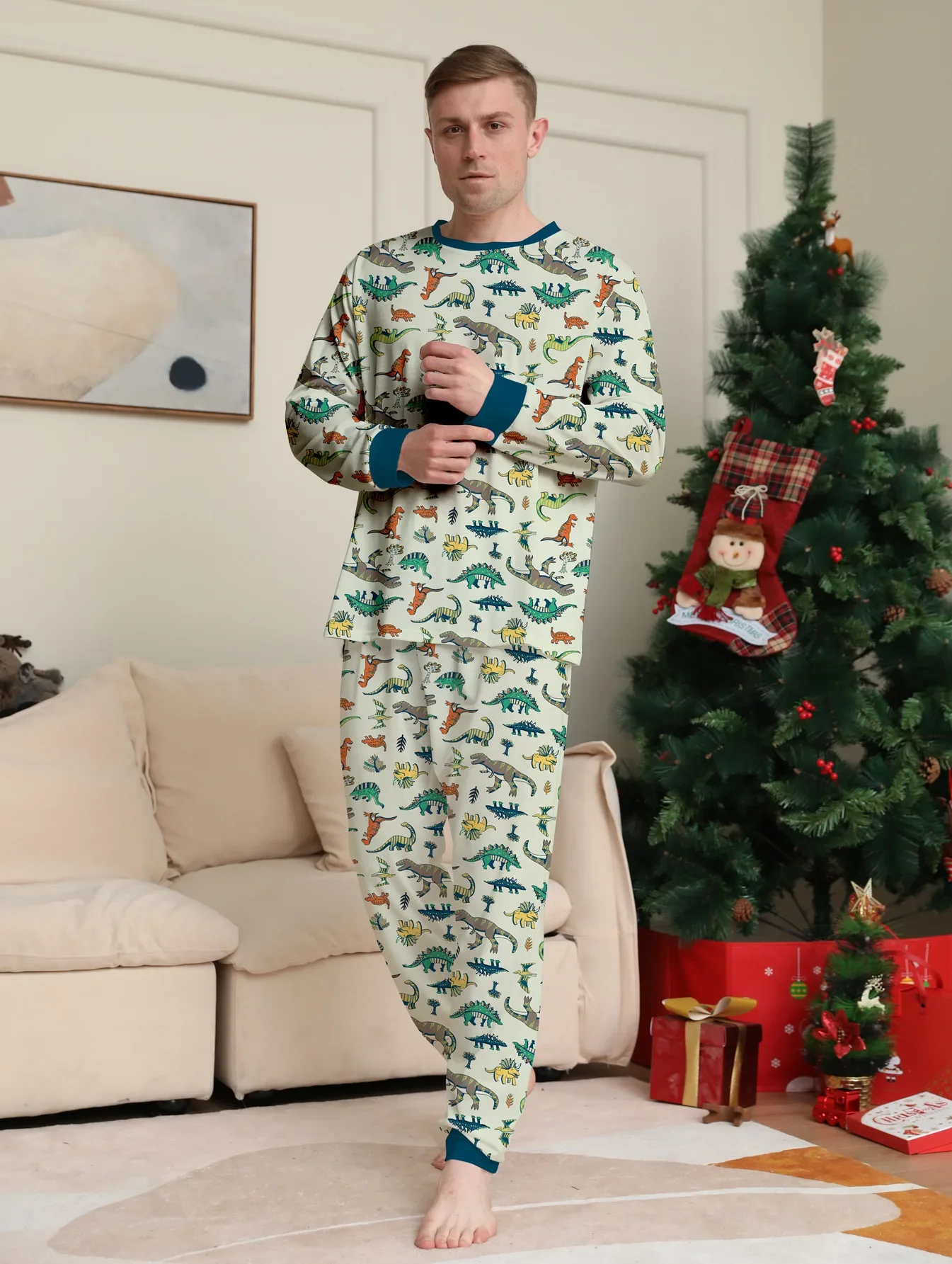 2024 Christmas Dinosaur Print Family Matching Outfits Cute Soft Pajamas Set 2 Pieces Suit Xmas Gift Family Look Casual Pyjamas 2