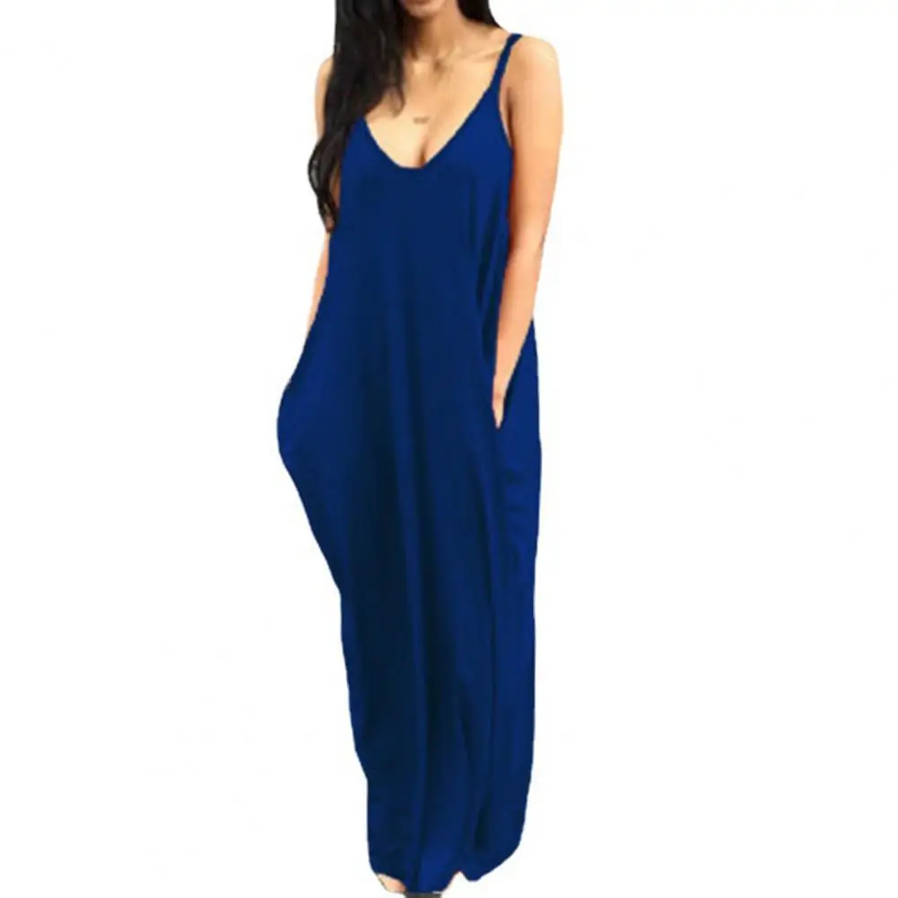 

Draped Side Pockets Long Dress Spaghetti Straps Backless Deep V-Neck Sleeveless Loose Casual Beach Sundress Maxi Dress