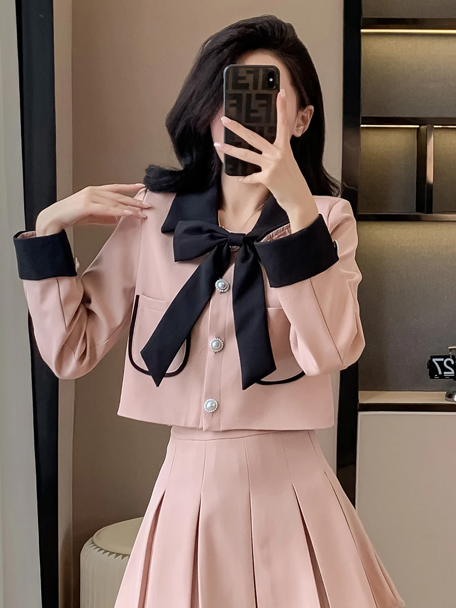 활 칼라 우아한 여성 세트 재킷 스커트 투피스 세트, 프렌치 스타일 용수철, 배색, 사교계 코트, 상의 스커트, 2024 신상
