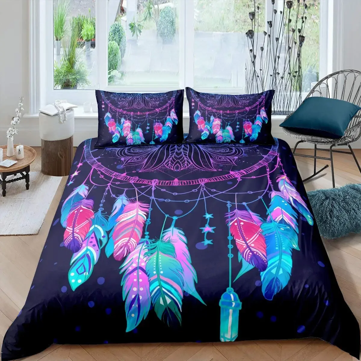 Dream Catcher Duvet Cover Set Purple Bedding Set Chic Boho Mandala Floral Feather Design Galaxy Comforter Cover Set Queen Size 2